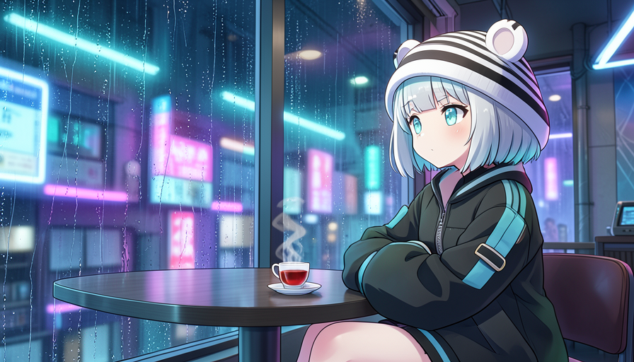 雨の窓辺で物思いにふけるみゅー